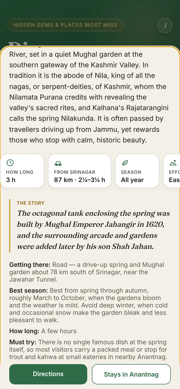 Go Kashmir place card for Verinag: time needed, road time from Srinagar, season, background and a 4-day forecast