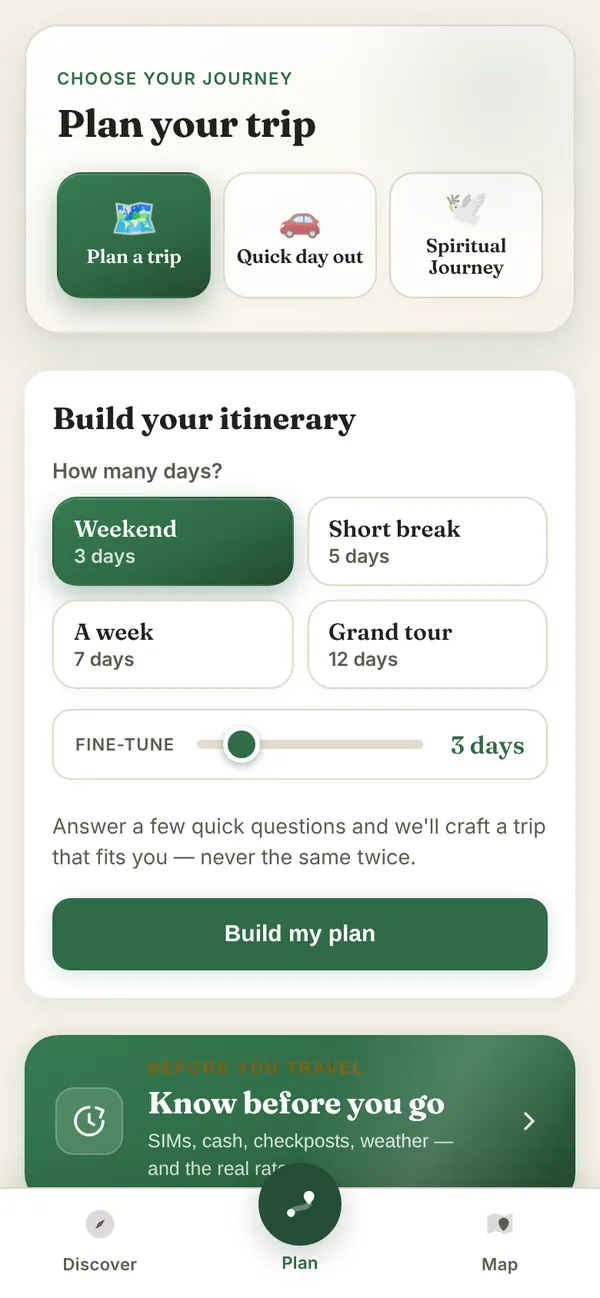 Go Kashmir trip planner: choose Plan a trip, Quick day out or Spiritual Journey, then 3, 5, 7 or 12 days